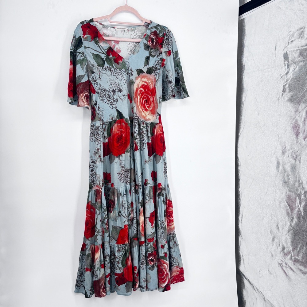 Soft Surroundings Floral Midi Dress Blue Rose Print Tiered Boho Prairie PM - Picture 2 of 6